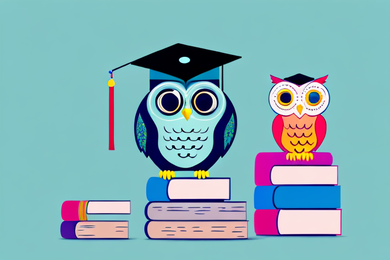 A colorful owl perched atop a stack of books