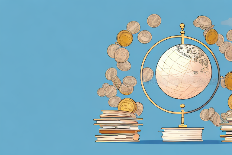 A globe with a stack of books and a pile of coins to represent international student scholarships