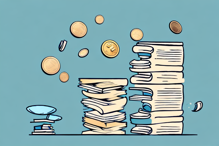 A stack of books with a few coins scattered around them