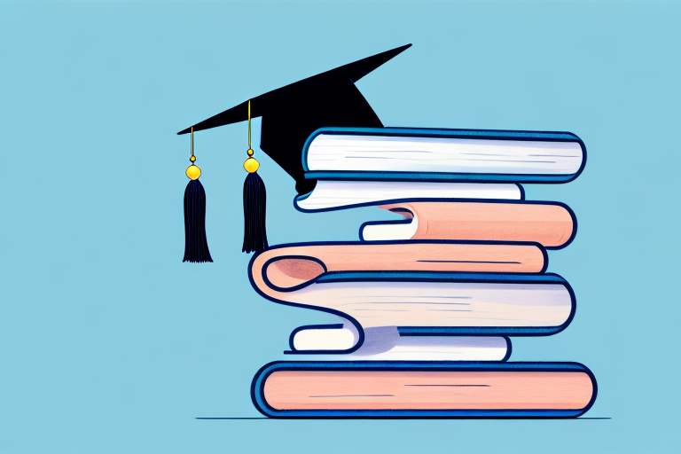 A stack of books with a graduation cap on top