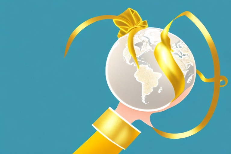 A globe with a golden ribbon wrapped around it